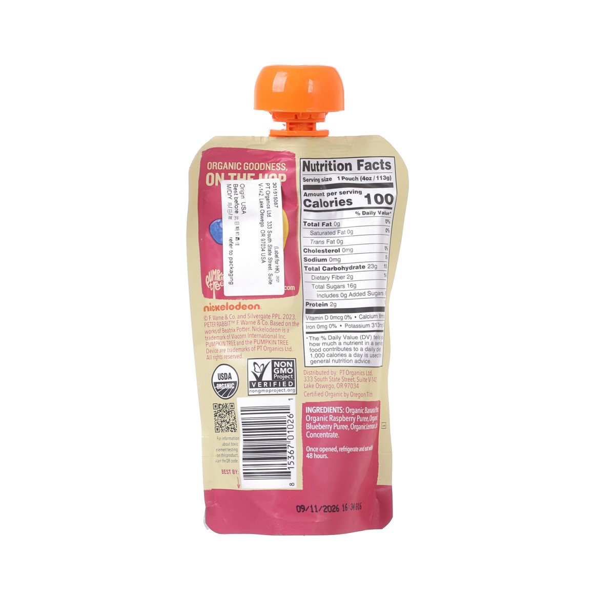 PETER RABBIT Organic fruit puree pouch back with Nutrition Facts panel and barcode