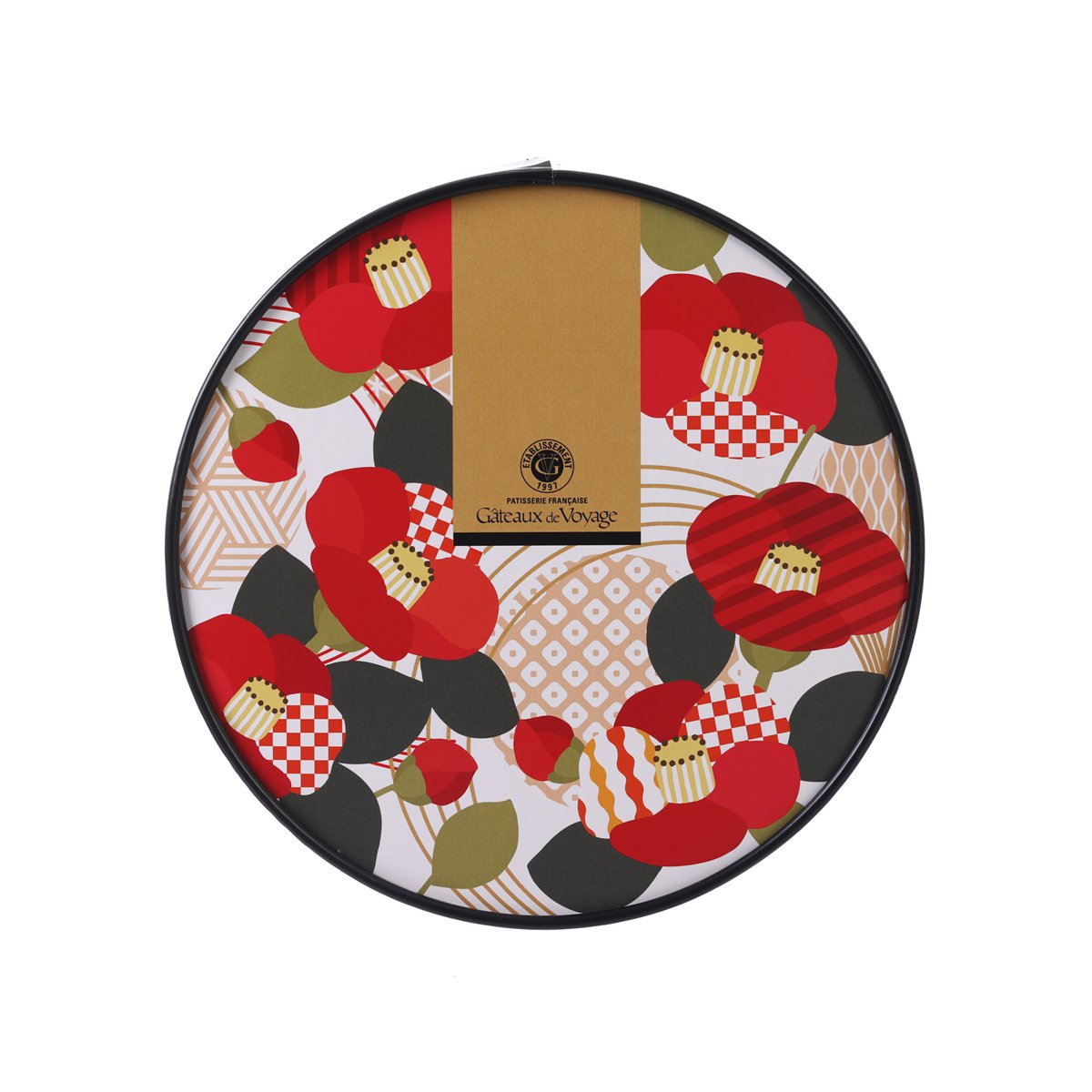Round confectionery gift tin with red floral pattern and cupcake motif on top