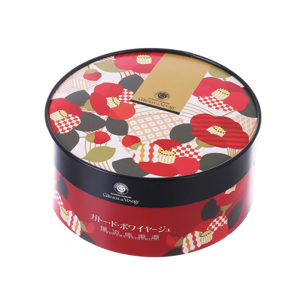 Round confectionery gift tin with red floral sides and cupcake motif, logo band