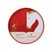 Assorted baked cakes tin with red circular lid, horse graphic, and Henri Charpentier logo