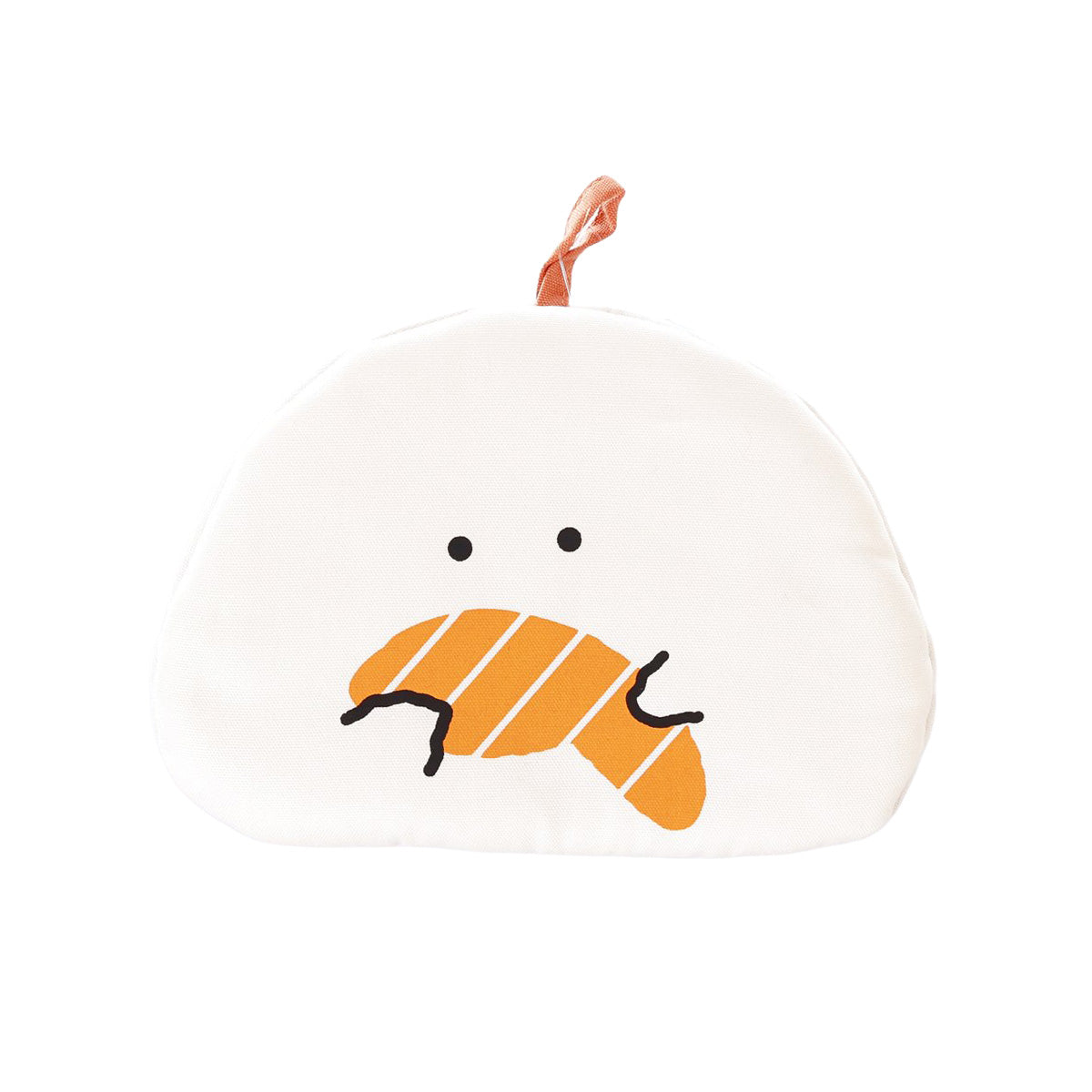 Onigiri-shaped oven mitten with salmon graphic, plush white body and orange loop