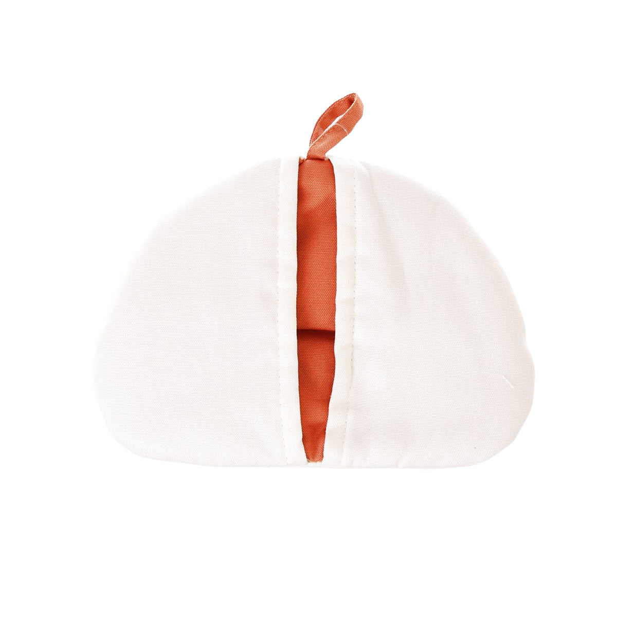 White onigiri oven mitten with orange cuff lining and hanging loop