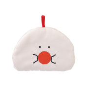 Onigiri-style oven mitt, white plush with red face and hanging loop
