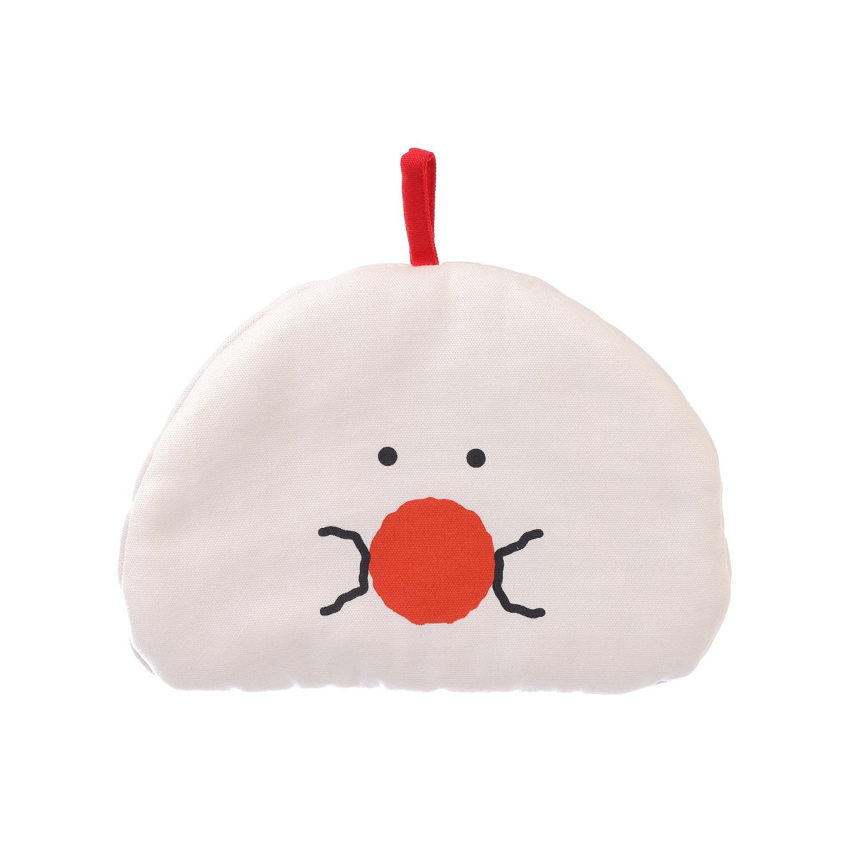 Onigiri-style oven mitt, white plush with red face and hanging loop