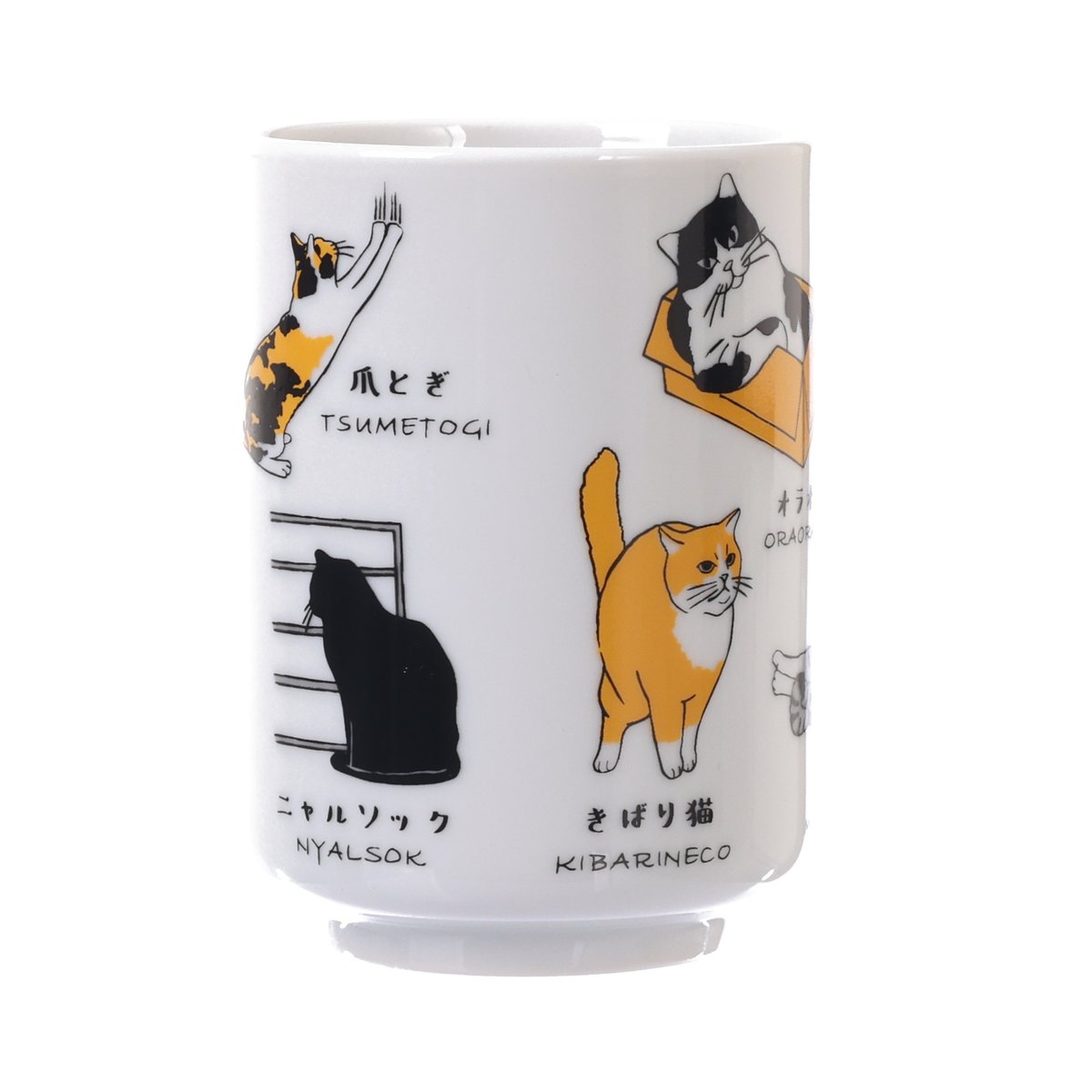 White ceramic tea cup with multiple cat designs and Japanese labels