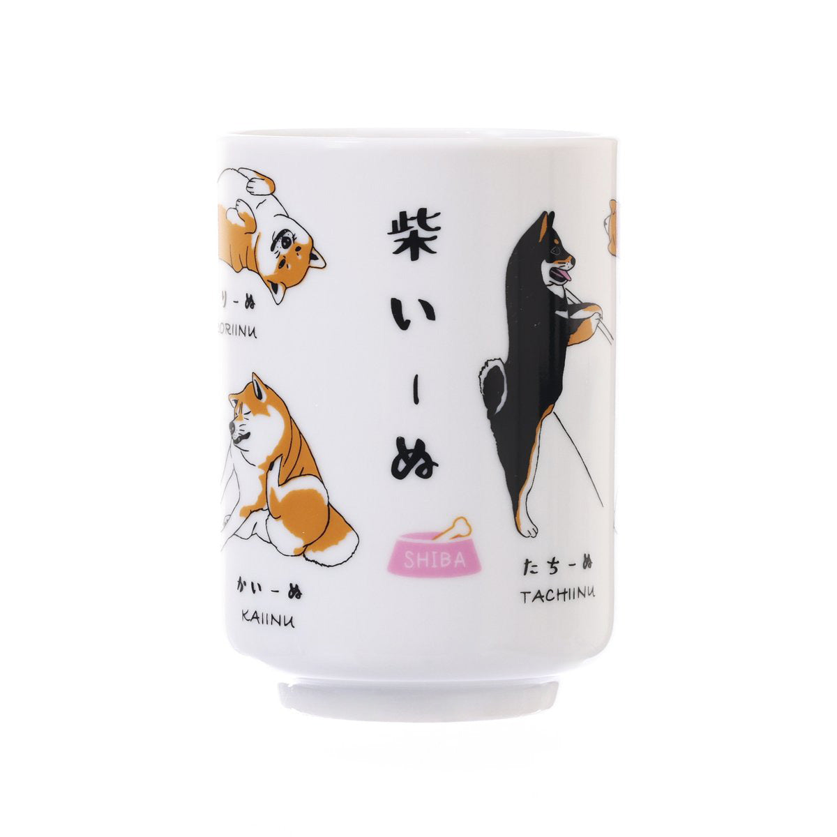 White ceramic tea cup with Shiba dog illustrations and Japanese text