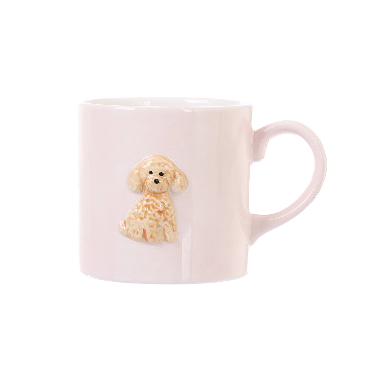 Pink ceramic mug with toy poodle dog graphic and curved handle