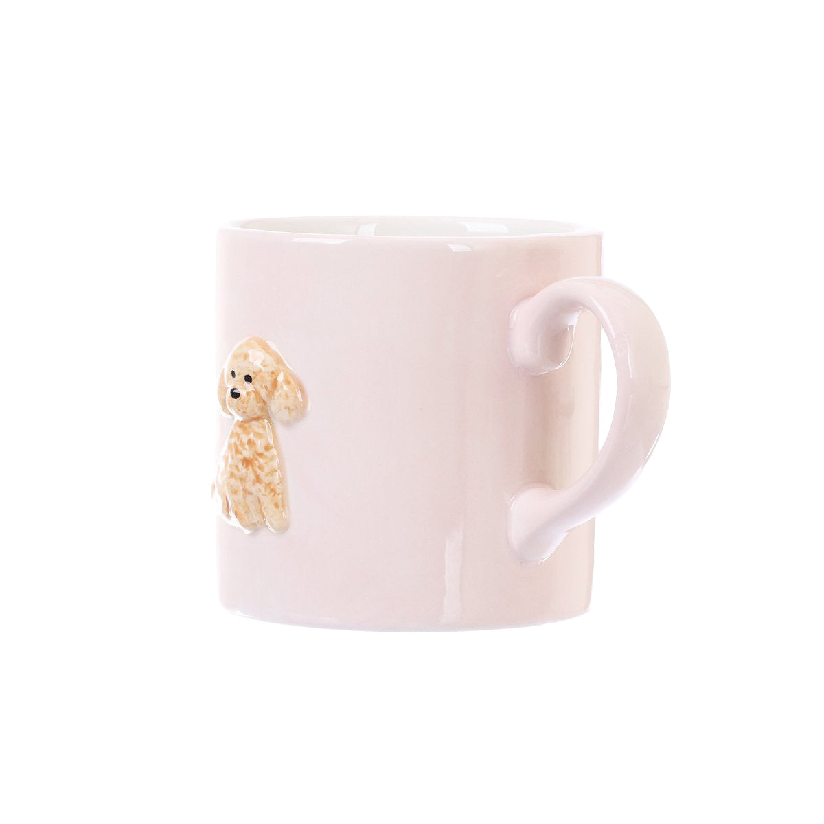 Pink ceramic mug with small toy poodle graphic on front and curved handle