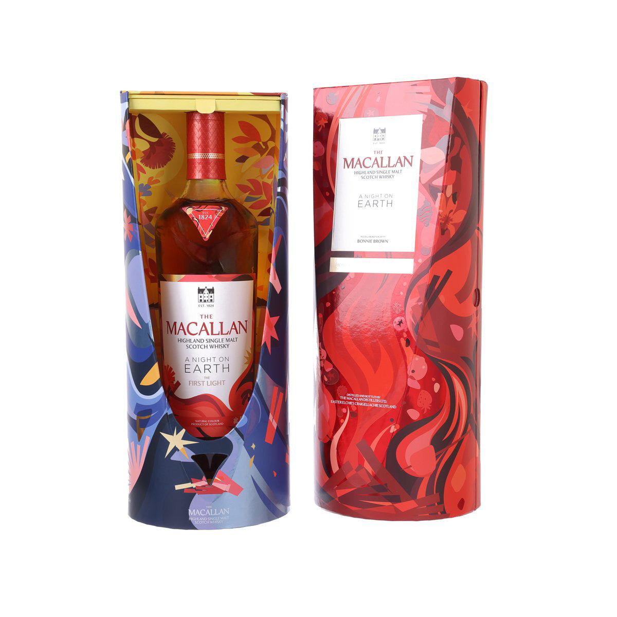 MACALLAN whisky bottle shown with red outer canister and blue gift tube, 700 mL
