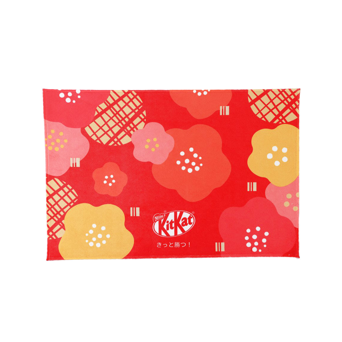 Red rectangular floor mat with KitKat logo and gold floral geometric pattern