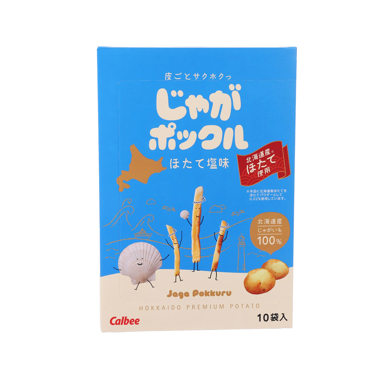 Calbee Jaga Pokkuru potato stick snack bag, blue with stick and potato illustrations