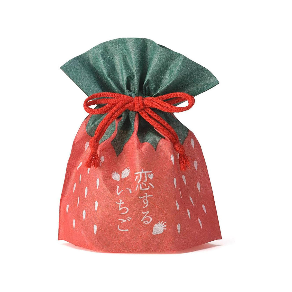 Red drawstring pouch with white pattern and tied green ribbon