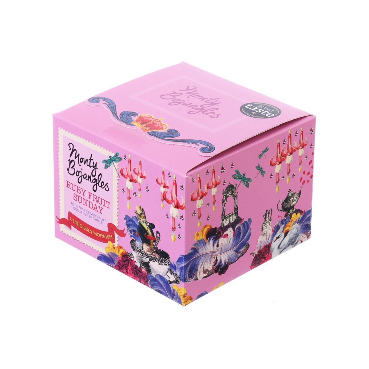 Pink Monty Bojangles truffle gift box with illustrated characters on cube package