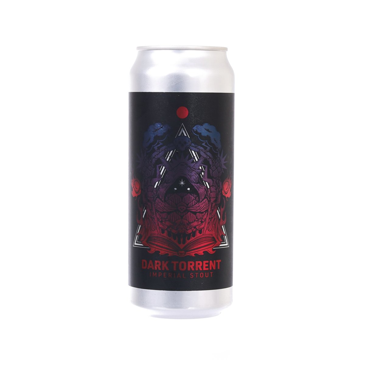 Silver beer can with dark purple and red "Dark Torrent" imperial stout artwork