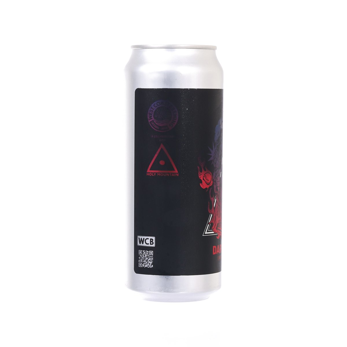 Silver beer can with WCB logo and red warning-style graphic