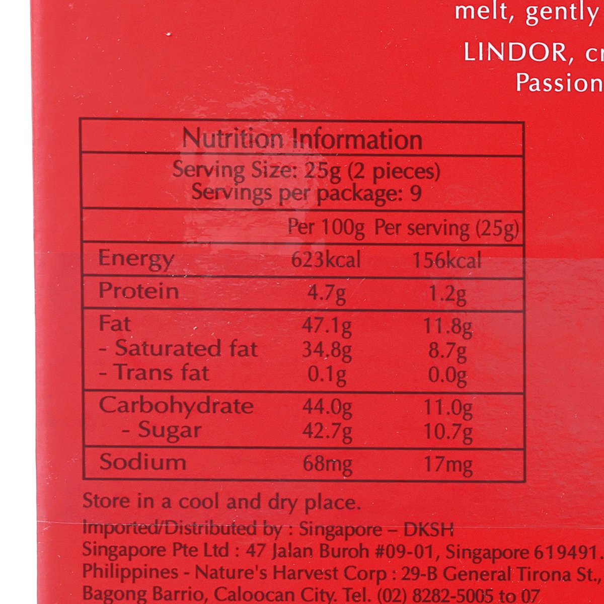 Nutrition info on red Lindor milk chocolate box: serving size 25g (2 pieces)