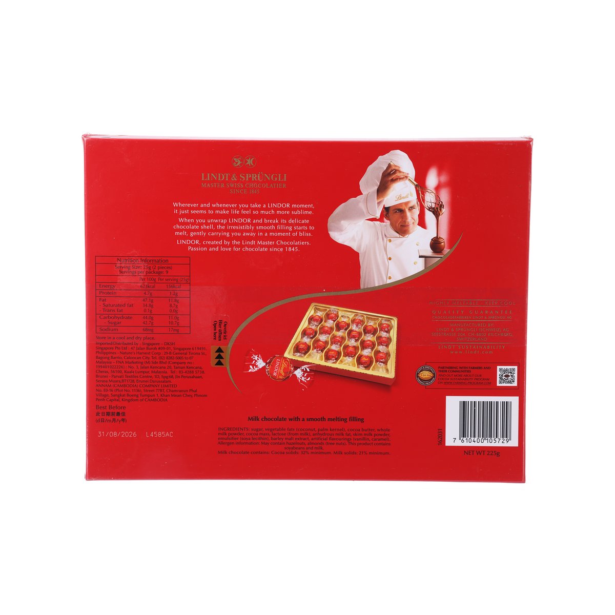 Red Lindor milk chocolate gift box back with chef illustration and chocolate tray graphic