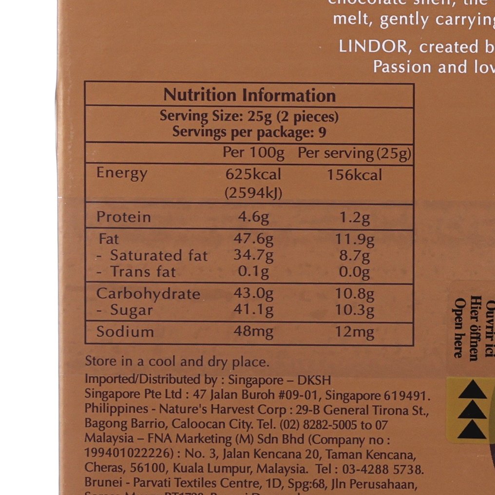 LINDOR chocolate gift box nutrition information label, serving size 25g (2 pieces)