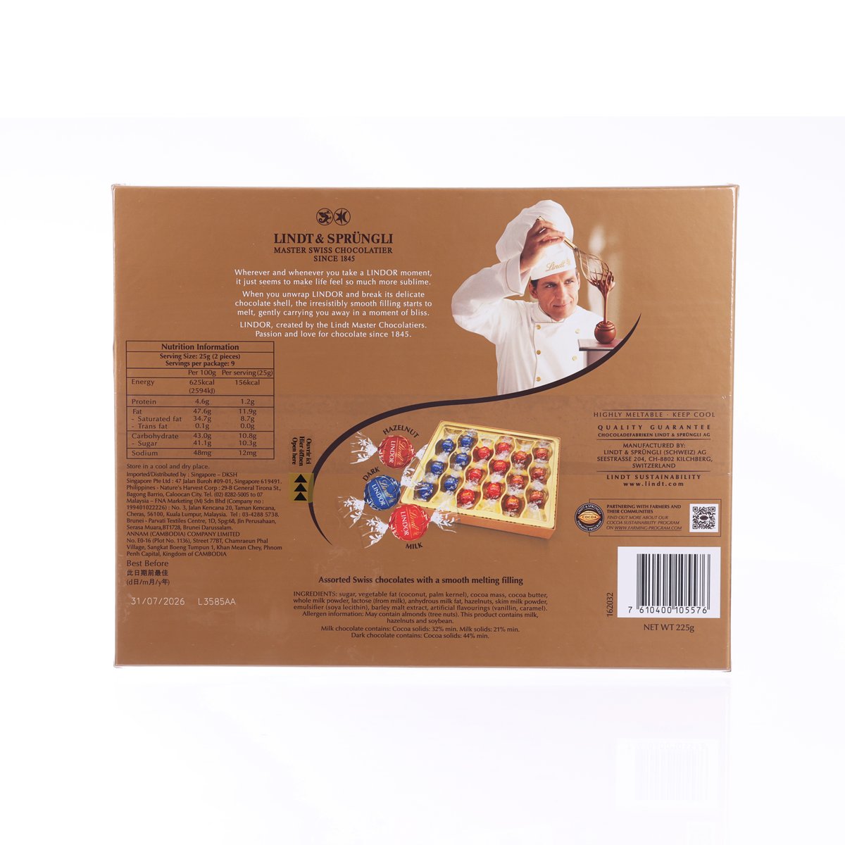 LINDOR assorted chocolate gift box back panel with assortment diagram and barcode