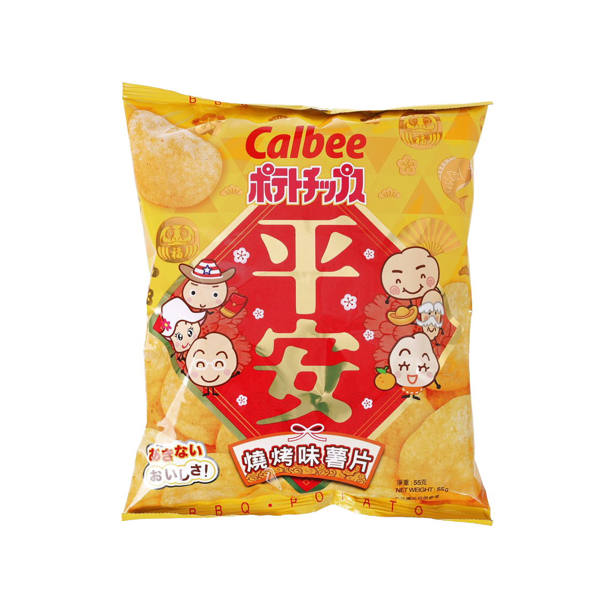CALBEE BBQ potato chip bag with yellow front and cartoon characters