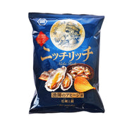 Blue potato chip bag with oyster and mackerel flavor graphic and seafood illustration