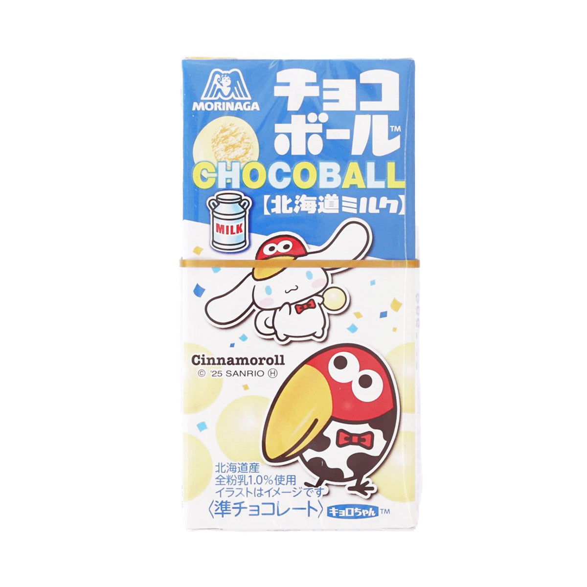 MORINAGA Choco Ball chocolate snack package, blue and white front with characters