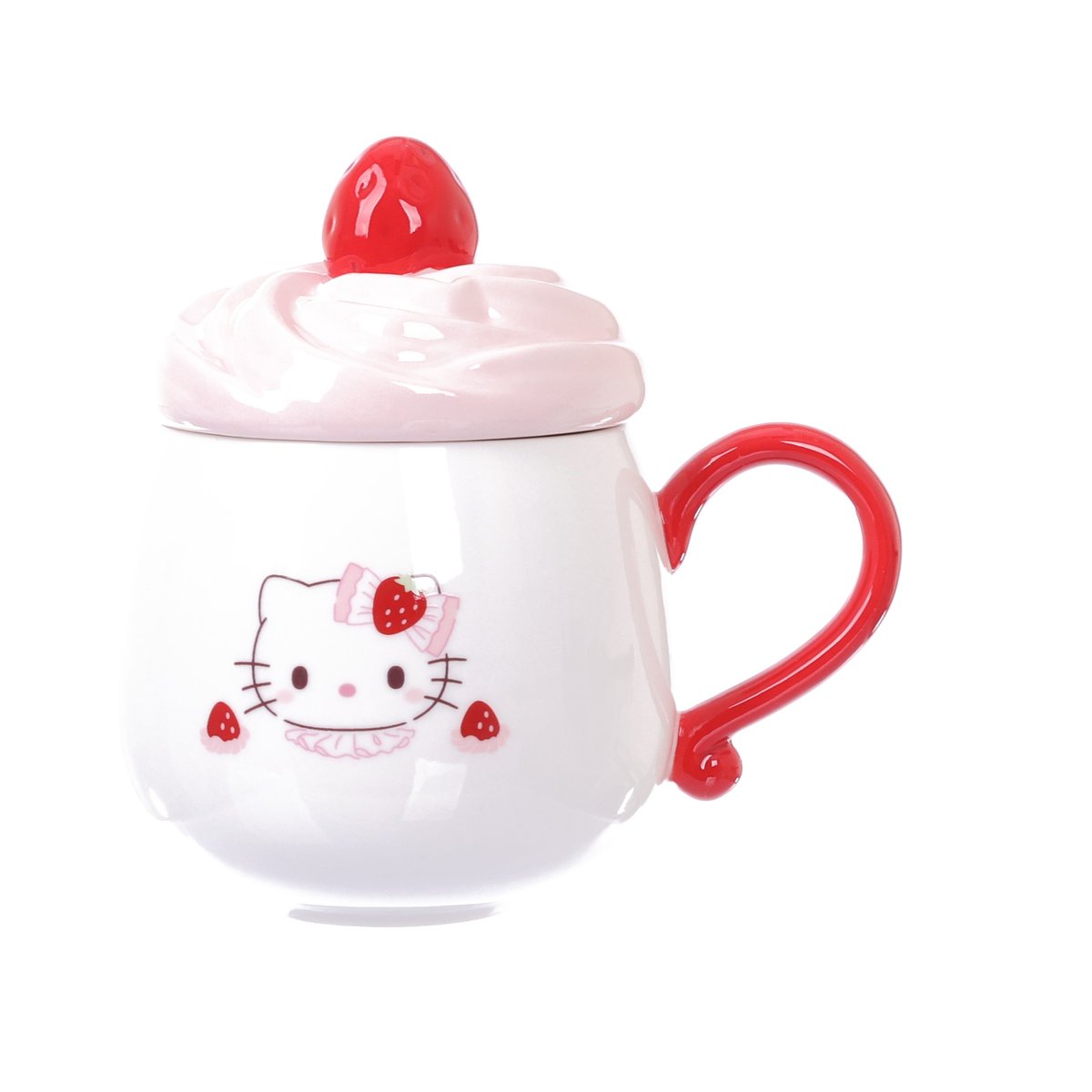 Sanrio mug with lid, white ceramic with red lid and Hello Kitty face