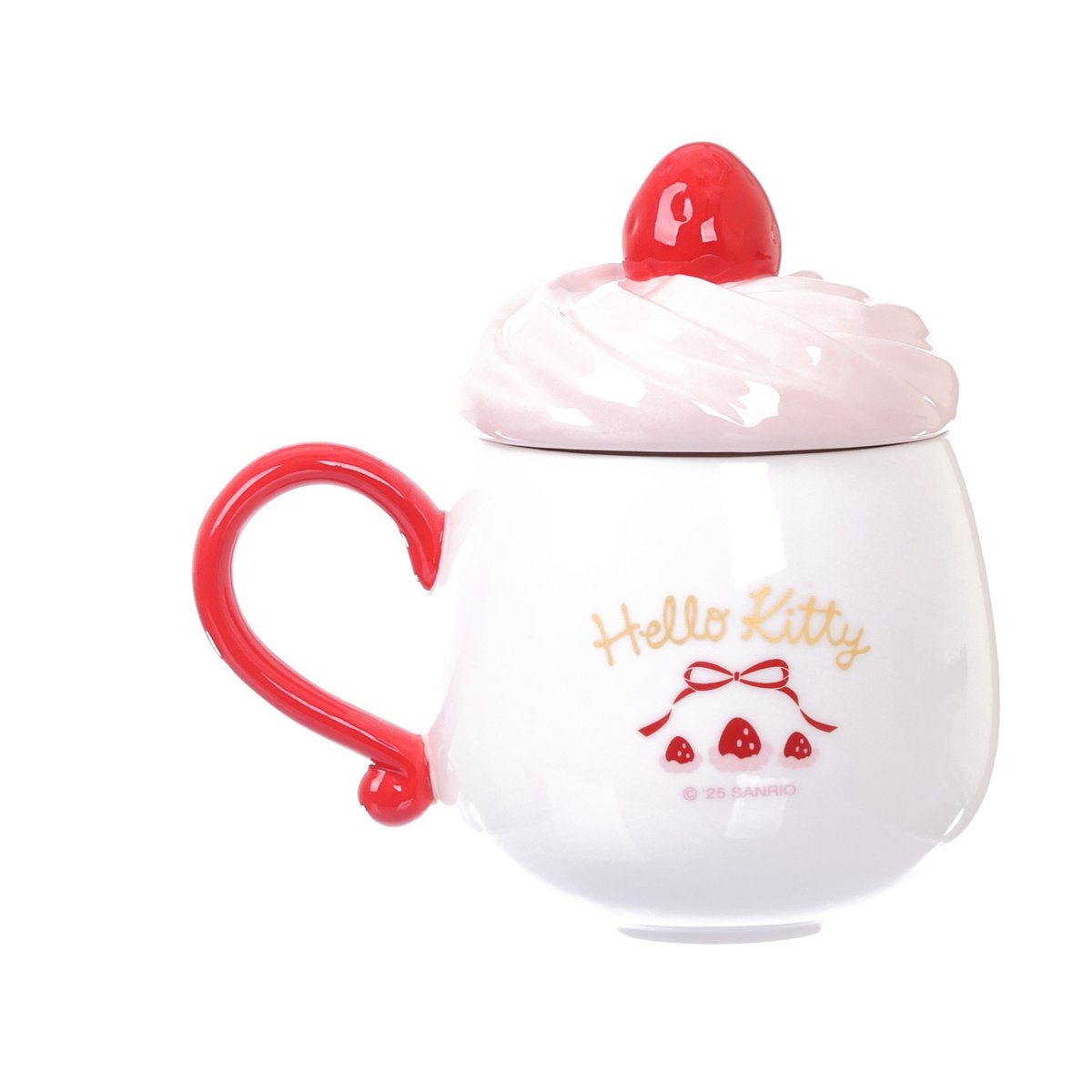 Sanrio mug with lid, white ceramic with red handle and Hello Kitty graphic
