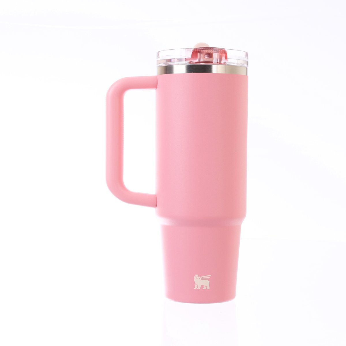Pink STANLEY tumbler with flip straw lid and molded handle, stainless interior visible