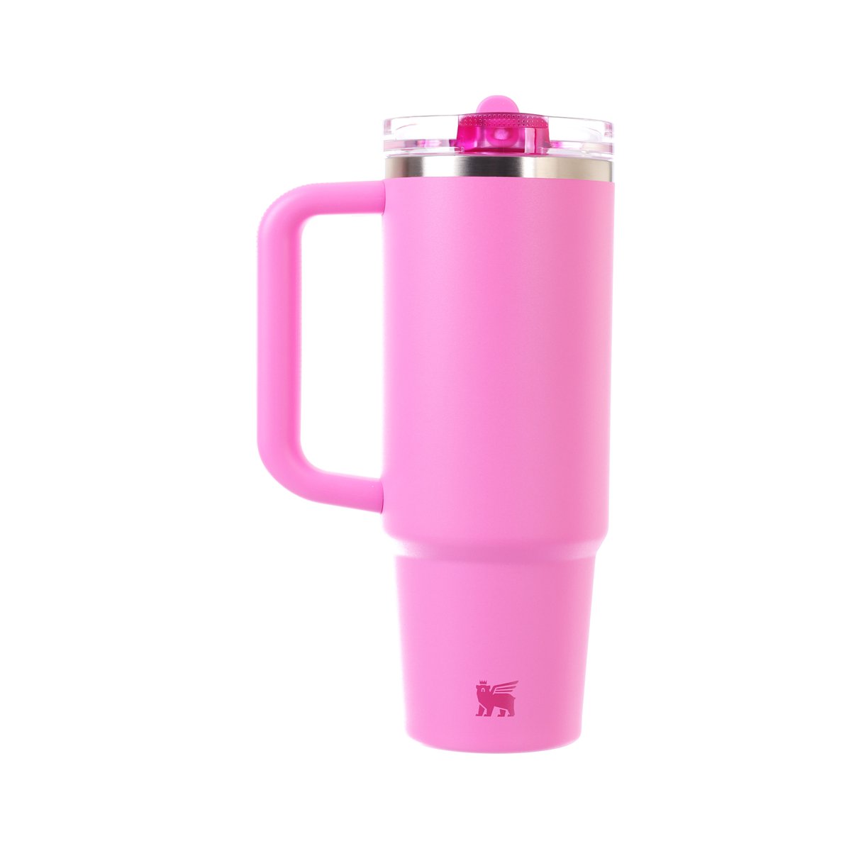 STANLEY pink tumbler with flip straw lid, side handle, and sipping top