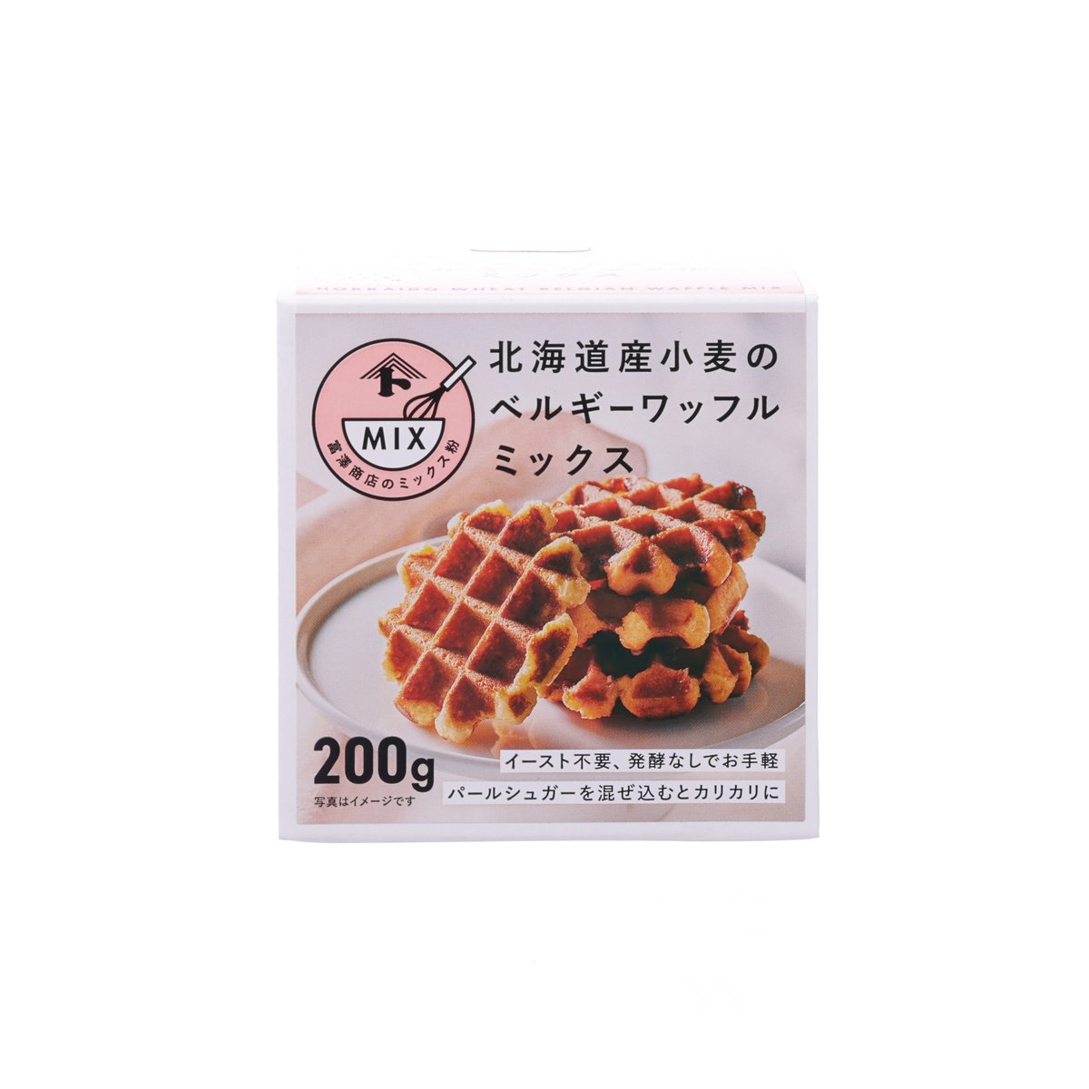 TOMIZAWA wheat Belgian waffle mix, 200g box with front waffle photo