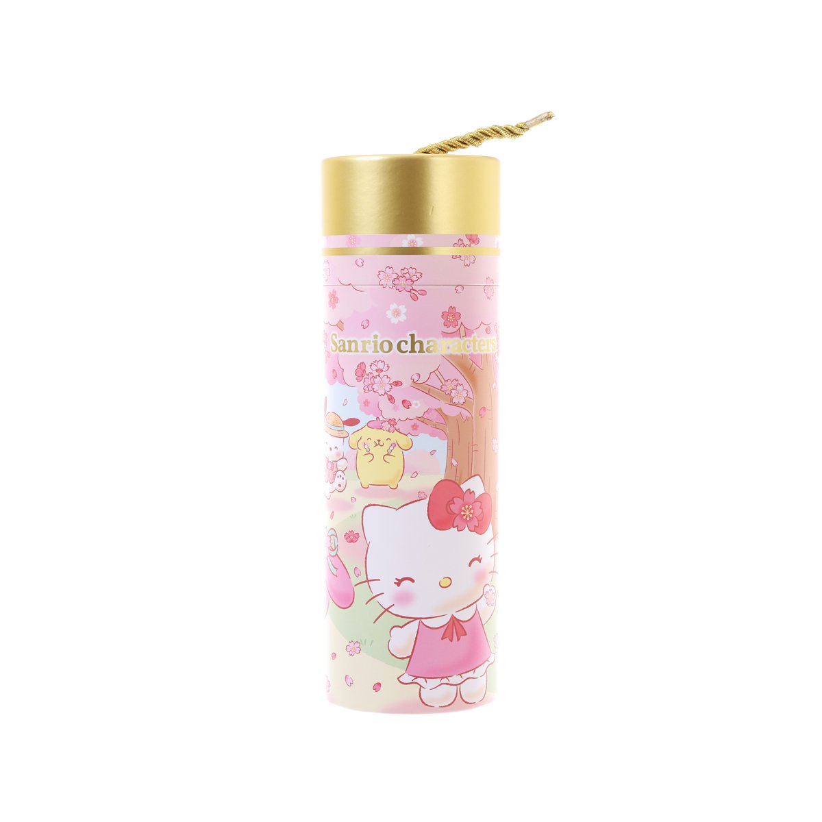 Hello Kitty-themed popping candy tube with golden lid and pastel character print