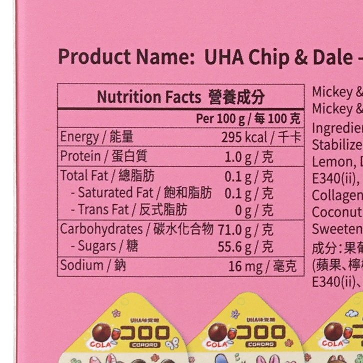 Nutrition facts panel on Chip & Dale gummy value pack box with per-100g details