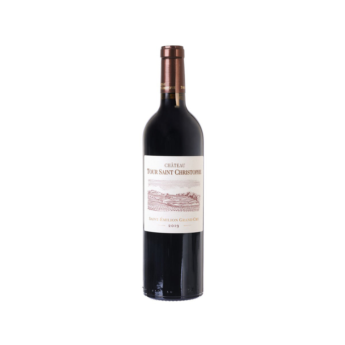 Wine bottle with dark glass, copper foil top, and front label text, 750 mL