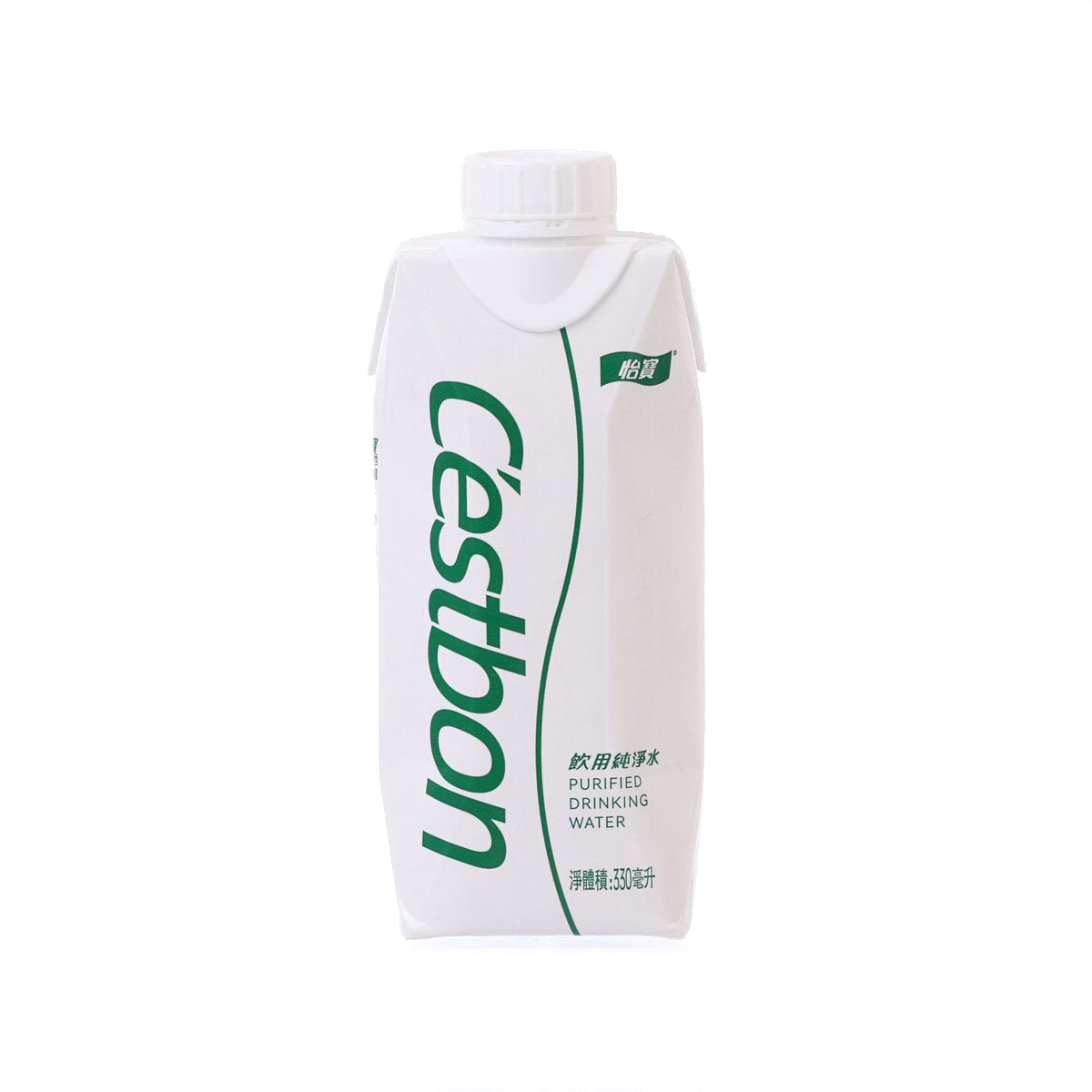 C'ESTBON purified water tetra pack, 330 mL, front with green logo and cap