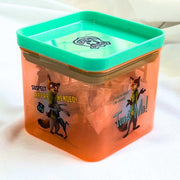 Square translucent orange confectionery container with green lid and cartoon animal graphics