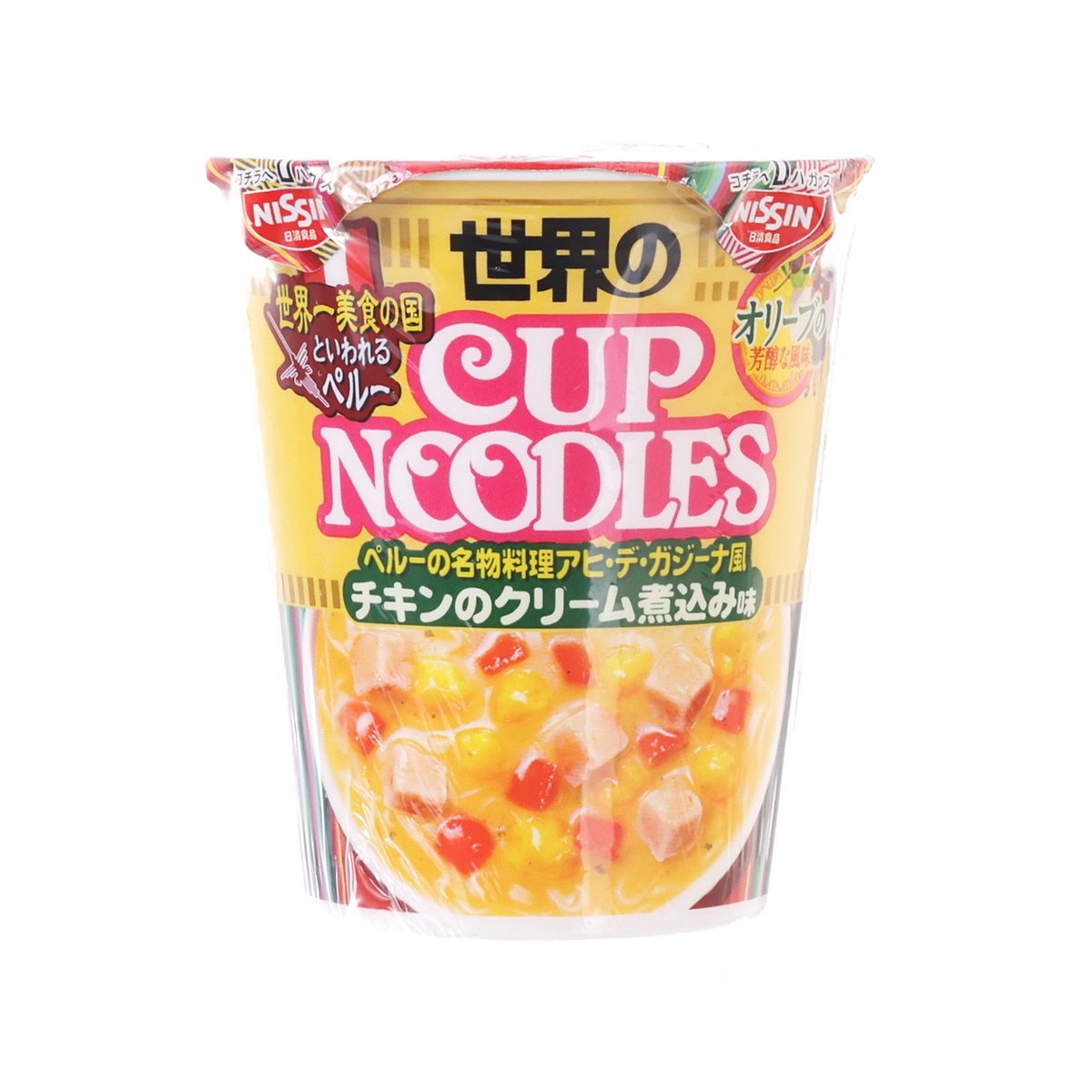 Cup Noodles chicken stew flavor cup with front graphic and serving illustration