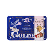 Blue and gold cookie tin with “GOLDEN” design and oolong tea apple rice cookie label