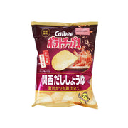 CALBEE potato chip bag with maroon front; dashi soy sauce flavor