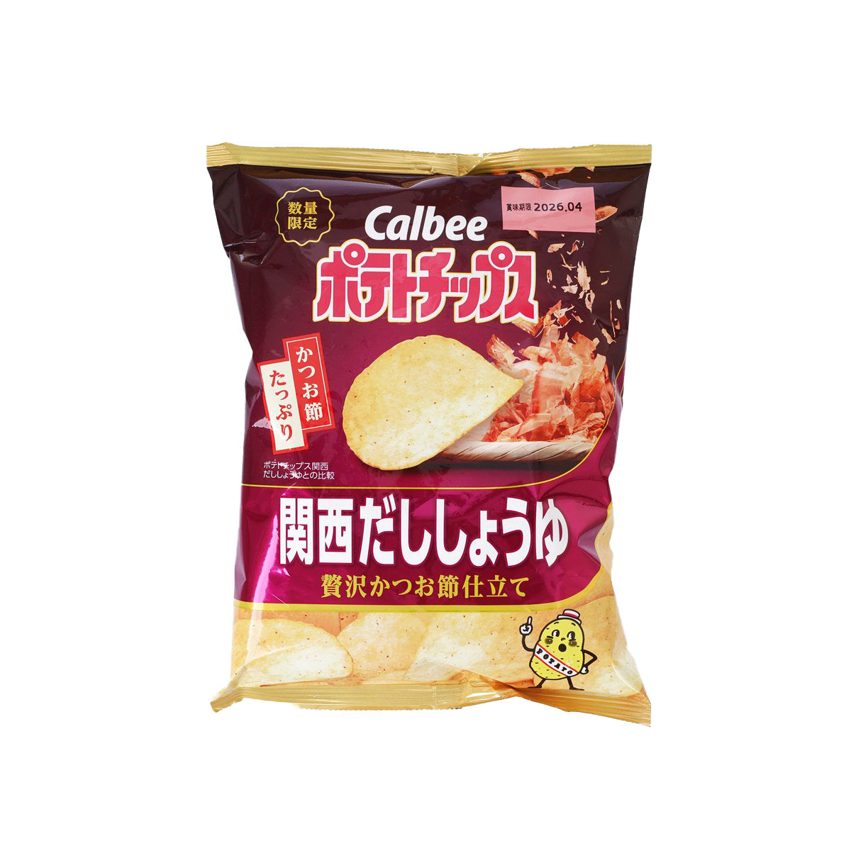 CALBEE potato chip bag with maroon front; dashi soy sauce flavor