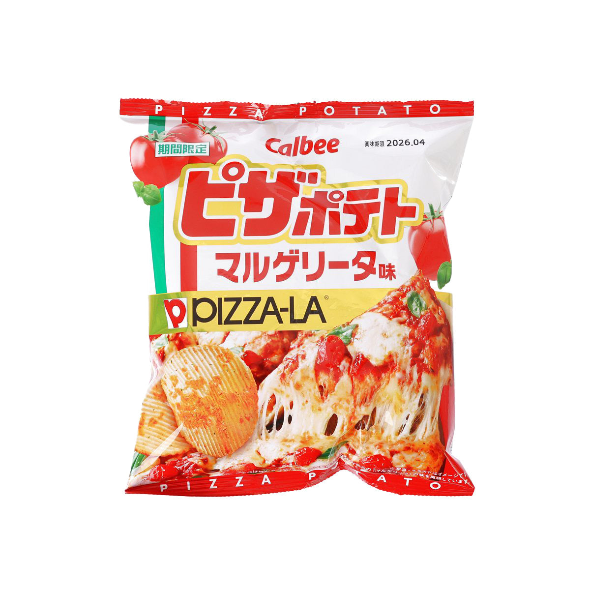 CALBEE Pizza-LA potato chip bag with Margherita pizza flavor, red and white front