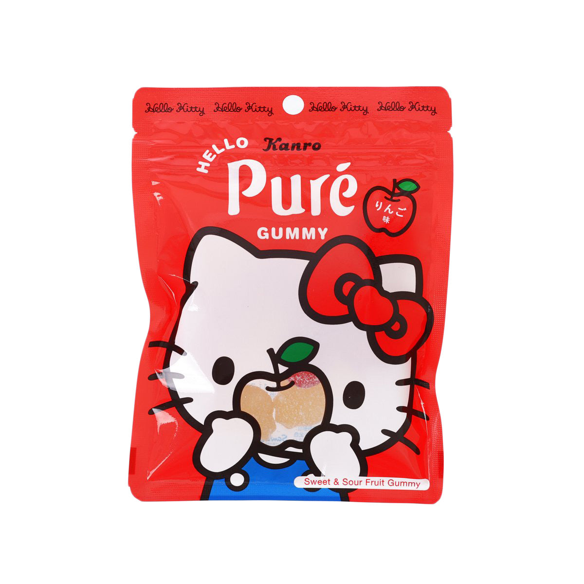 Red Hello Kitty gummy pouch with apple flavor graphic and cartoon bow