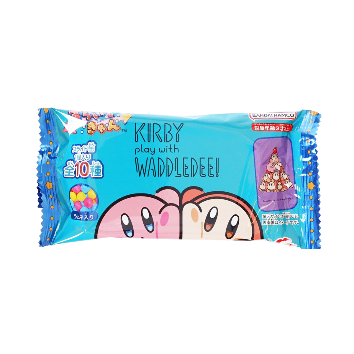 Turquoise Kirby Waddledee snack packet with cartoon face graphics and crimped edges