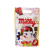 FUJIYA Milky Crunch malt puff snack pouch, red-and-white with cartoon face and handle