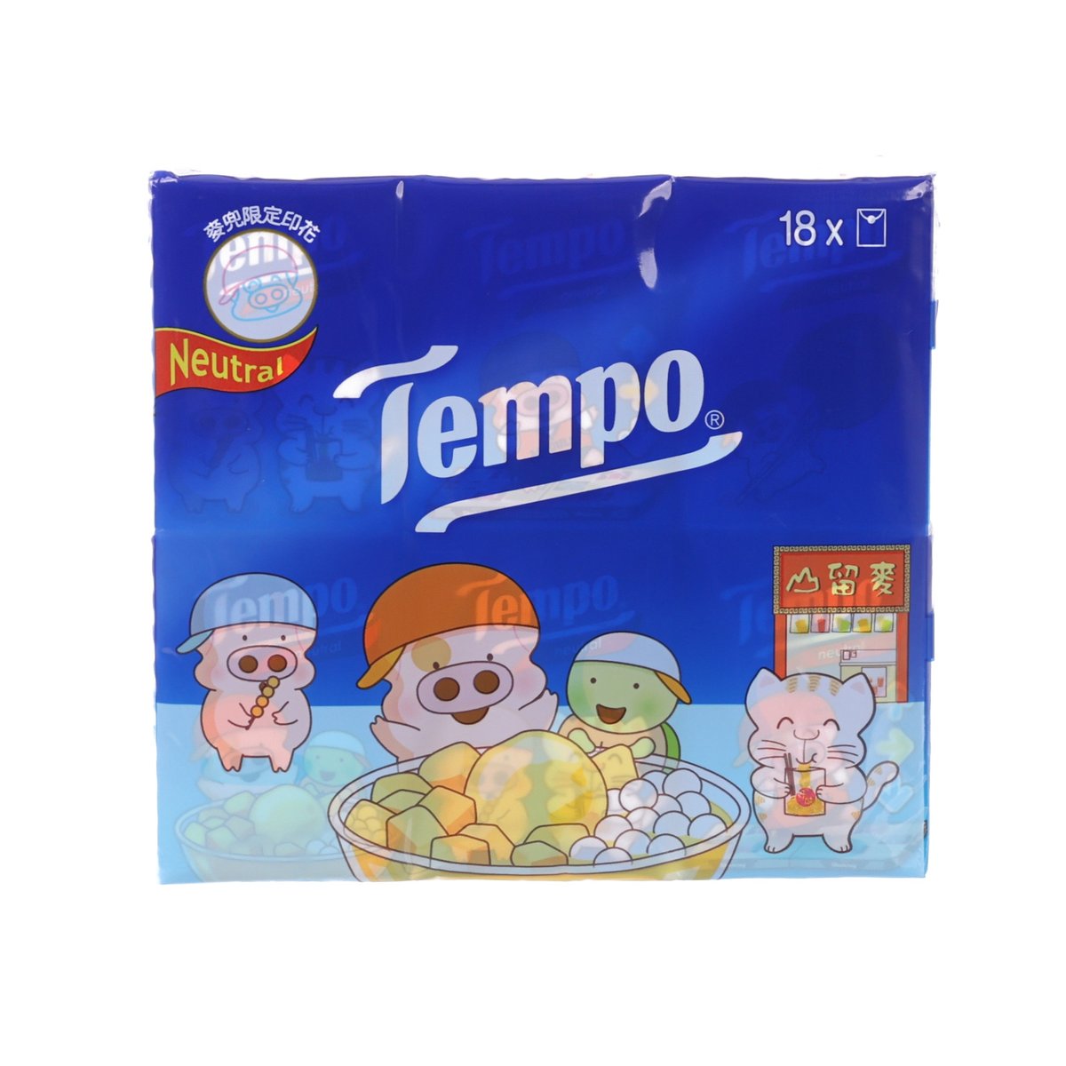 Tempo neutral petit tissue pack in blue, cartoon animal front with 18 x mark