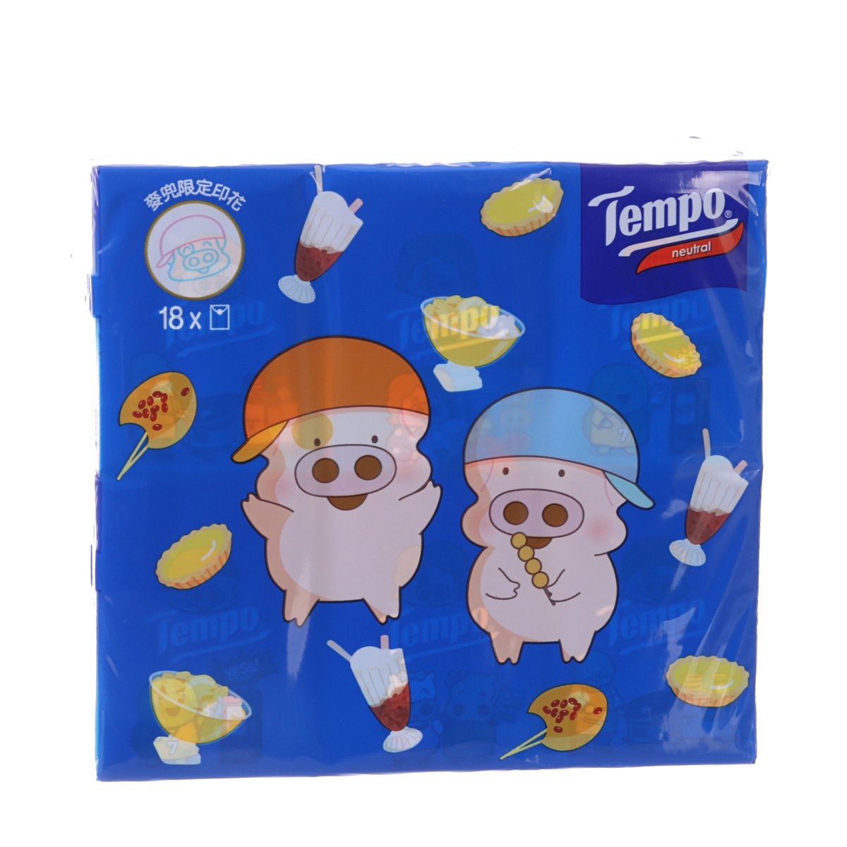 Tempo neutral petit tissue pack, blue with two characters and food drink illustrations