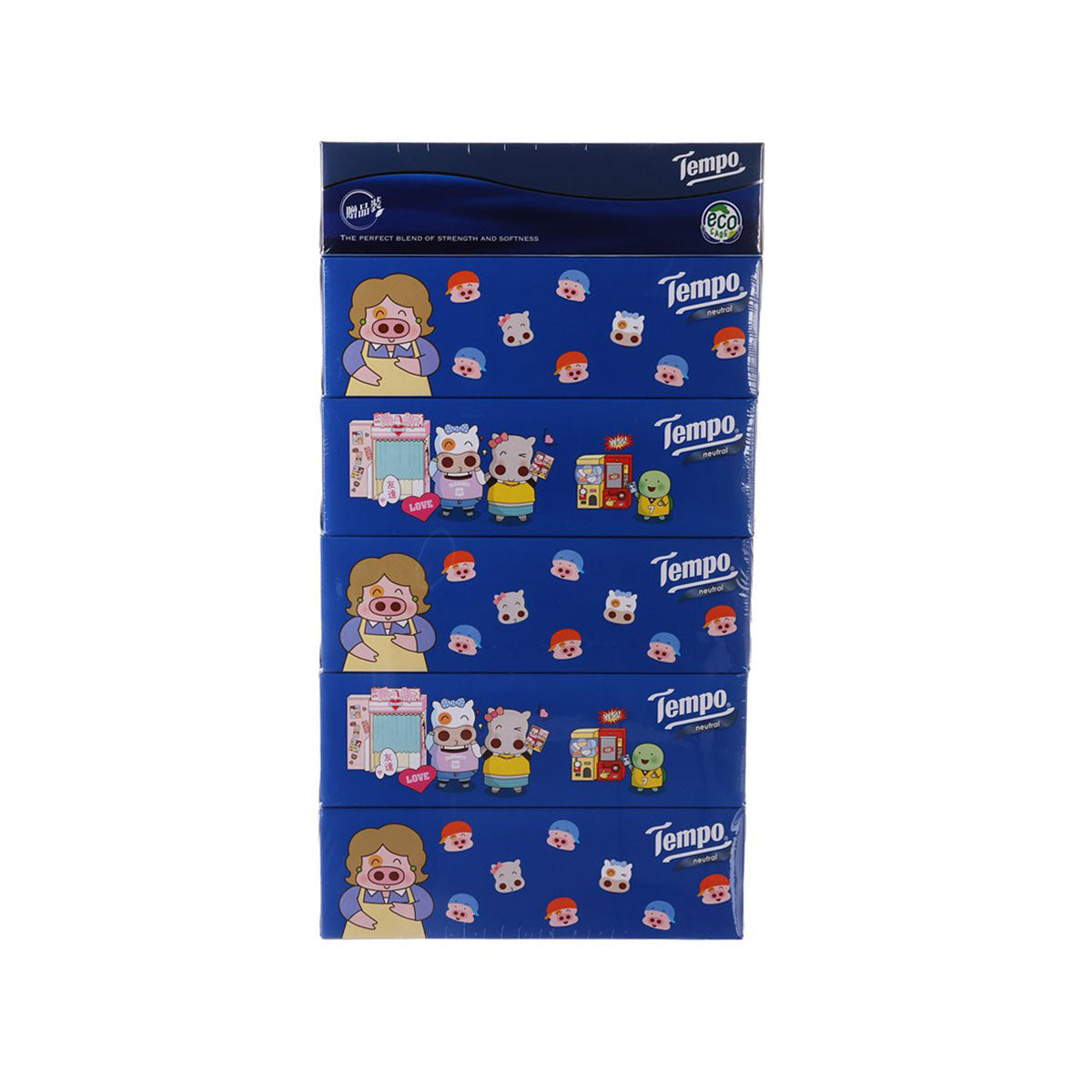 Blue character-pattern facial tissue box front panel with icons, gift set 5+1 packs