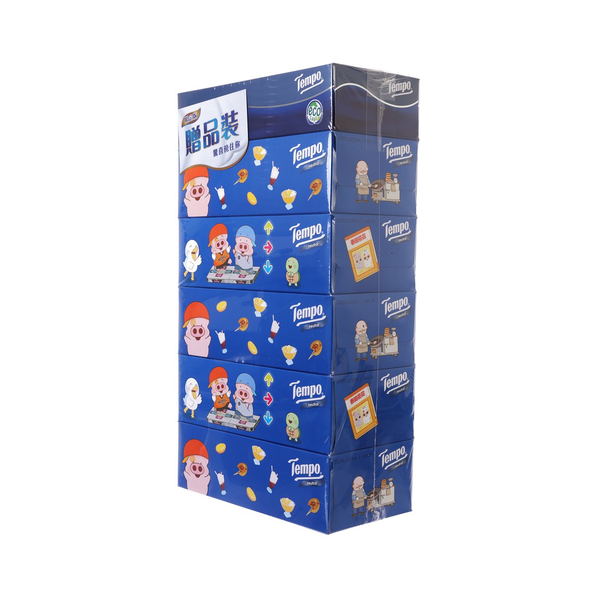 Blue character-pattern facial tissue box with side panels, gift set 5+1 packs