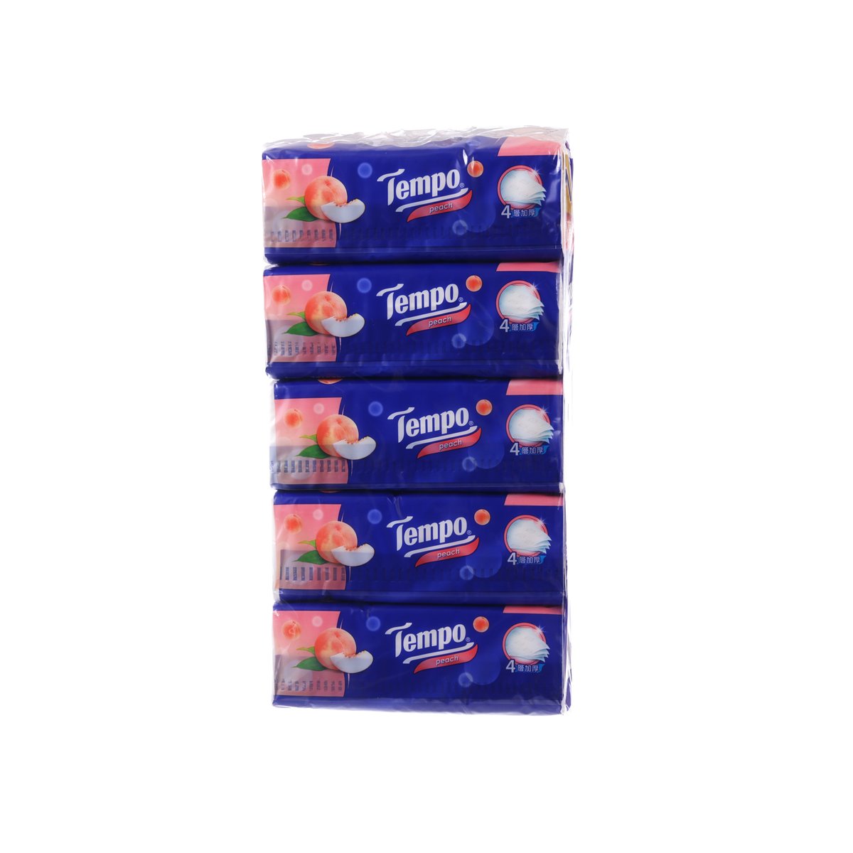 Peach facial tissue softpacks stack, 4+1 packs, blue with peach graphics