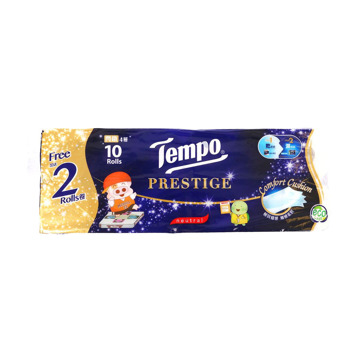 4-ply neutral bathroom tissue pack, Tempo Prestige, blue wrapper, 10+2 rolls